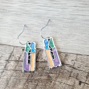 Colorful Stained Glass Sterling Silver Plated Drop Earrings, NWT